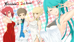 Rule 34 | 1boy, 3girls, alternate hairstyle, anniversary, aqua hair, armpits, bare shoulders, black shirt, blonde hair, blue vest, braid, breasts, brown hair, checkered background, china dress, chinese clothes, cleavage, collarbone, commentary request, copyright name, dolling60883582, dollinger, dress, earrings, formal, gold trim, green eyes, green neckwear, hand on another&#039;s shoulder, hand up, harem, highres, jewelry, large breasts, licking lips, long hair, long sleeves, matching hair/eyes, medium breasts, multiple girls, mythra (xenoblade), nail polish, necktie, nintendo, one eye closed, parted lips, pink nails, pneuma (xenoblade), pyra (xenoblade), red eyes, red hair, rex (xenoblade), see-through, shirt, short hair, side slit, sidelocks, sleeveless, smile, speech bubble, spoilers, strapless, strapless dress, suit, swept bangs, tongue, tongue out, tuxedo, v, vest, white dress, white suit, xenoblade chronicles (series), xenoblade chronicles 2, yellow eyes