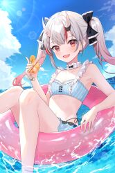 Rule 34 | 1girl, adju ster, bikini, black ribbon, blue bikini, blue sky, blush, breasts, choker, cleavage, cloud, commentary request, cup, day, earrings, feet out of frame, grey hair, hair ribbon, hand up, highres, holding, holding cup, hololive, horns, innertube, jewelry, lace, lace choker, lens flare, long hair, looking at viewer, multicolored hair, nakiri ayame, nakiri ayame (hololive summer 2019), ocean, open mouth, outdoors, pink hair, red eyes, red hair, ribbon, side-tie bikini bottom, sitting, skin-covered horns, sky, small breasts, smile, solo, streaked hair, sun, sunlight, swim ring, swimsuit, twintails, virtual youtuber, white choker