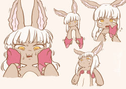 Rule 34 | 1girl, animal ears, arm grab, cheek squash, disembodied limb, fangs, finger in another&#039;s mouth, flying sweatdrops, furry, hands on another&#039;s chest, lifting person, made in abyss, mountain han, nanachi (made in abyss), simple background, solo focus, whiskers, white hair, yellow eyes