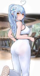 Rule 34 | 1girl, absurdres, ahoge, ass, bare arms, bare shoulders, blue hair, blurry, blurry background, blush, breasts, depth of field, elf, feet out of frame, from behind, gym, heart, heart ahoge, high-waist pants, highres, hololive, indoors, long hair, looking at viewer, looking back, medium breasts, namake (nmk44300), pants, pantylines, parted lips, pointy ears, ponytail, shoe soles, sidelocks, solo, sports bra, standing, standing on one leg, virtual youtuber, white pants, yellow eyes, yoga pants, yukihana lamy