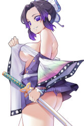 Rule 34 | 1girl, ass, bare shoulders, black hair, breasts, butterfly hair ornament, commentary, english commentary, from side, gradient hair, grin, hair ornament, haori, highres, holding, holding sword, holding weapon, hot vr, jacket, japanese clothes, kimetsu no yaiba, kochou shinobu, looking to the side, medium breasts, miniskirt, multicolored hair, no pupils, panties, patreon logo, patreon username, pixiv logo, pixiv username, pleated skirt, purple eyes, purple hair, purple jacket, purple panties, purple skirt, sarashi, shoulder blades, simple background, skindentation, skirt, smile, solo, sword, thick thighs, thighs, underboob, underwear, watermark, weapon, wide sleeves
