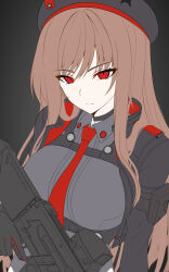 Rule 34 | 1girl, absurdres, assault rifle, beret, black gloves, black hat, black jacket, black shirt, breasts, brown hair, chest harness, closed mouth, collared shirt, cropped jacket, frown, gloves, goddess of victory: nikke, grey background, gun, harness, hat, highres, holding, holding weapon, jacket, large breasts, long hair, looking at viewer, mikhail n, necktie, rapi (nikke), red eyes, red gloves, red jacket, red necktie, rifle, shirt, solo, trigger discipline, two-sided fabric, two-sided jacket, two-tone gloves, unfinished, weapon