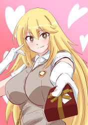 Rule 34 | + +, 1girl, absurdres, artist name, blonde hair, blush, breasts, brown eyes, closed mouth, commentary, elbow gloves, gift, giving, gloves, gradient background, hair between eyes, hand up, heart, highres, holding, large breasts, light blush, long hair, multicolored eyes, outstretched arm, outstretched hand, pink background, pinky out, ribbon, school uniform, shokuhou misaki, short sleeves, smile, solo, sparkle, sparkling eyes, split mouth, symbol-shaped pupils, toaru kagaku no railgun, toaru majutsu no index, toaru majutsu no index gaiden: toaru kagaku no mental out, tokiwadai school uniform, two-tone eyes, upper body, white gloves, wnisef2, yellow eyes, yellow ribbon