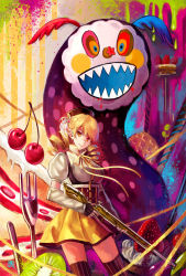 Rule 34 | 10s, 1girl, beret, blonde hair, charlotte (madoka magica), cherry, corset, detached sleeves, drill hair, fangs, fingerless gloves, food, fork, fruit, gloves, gun, hair ornament, hat, highres, kiwi (fruit), magical girl, magical musket, mahou shoujo madoka magica, mahou shoujo madoka magica (anime), multicolored eyes, pleated skirt, puffy sleeves, ribbon, skirt, smile, soffa, strawberry, striped clothes, striped thighhighs, sweets, thighhighs, tomoe mami, twin drills, twintails, vertical-striped clothes, vertical-striped thighhighs, weapon, yellow eyes, zettai ryouiki