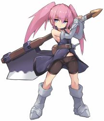 Rule 34 | 1girl, arms up, axe, belt, bike shorts, black shorts, boots, breasts, cameltoe, commentary request, dress, elbow gloves, fat mons, fingerless gloves, full body, gloves, highres, huge weapon, karukan (monjya), knee boots, long hair, open clothes, open dress, pink eyes, pink hair, pouch, presea combatir, purple dress, shorts, sideboob, simple background, sleeveless, sleeveless dress, small breasts, solo, tales of (series), tales of symphonia, twintails, weapon, white background, white footwear, white gloves