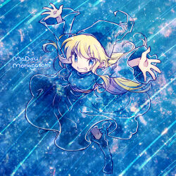 Rule 34 | 1girl, :d, \o/, arms up, blonde hair, blue eyes, blue footwear, blue headwear, blue robe, blue theme, boots, copyright name, full body, grin, knee boots, limited palette, long hair, long sleeves, looking at viewer, madou monogatari, open mouth, outstretched arms, outstretched hand, puyopuyo, rakuni, robe, romaji text, sky, smile, solo, standing, star (sky), star (symbol), star in eye, starry sky, starry sky print, symbol in eye, v-shaped eyebrows, wide sleeves, witch (puyopuyo)