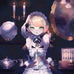 Rule 34 | 1girl, absurdres, akikawa higurashi, apron, blonde hair, blunt bangs, box, braid, brooch, candle, ceiling light, crack, cracked glass, cup, dress, fire, fork, frills, gem, gold, green eyes, hair ribbon, highres, holding, holding teapot, indoors, jewelry, juliet sleeves, long sleeves, looking at viewer, maid, maid headdress, mirror, neck ribbon, open mouth, original, parted lips, pitcher (container), plate, pointy ears, polishing, puffy sleeves, reflection, ribbon, shelf, short hair, smile, solo, sparkle, spoon, swept bangs, teacup, teapot, thick eyebrows, wallpaper (object)