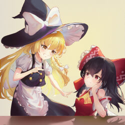 Rule 34 | 2girls, :3, absurdres, apron, ascot, black hair, black hat, black skirt, black vest, blonde hair, bow, braid, closed mouth, detached sleeves, eye contact, floating hair, frilled apron, frilled bow, frills, grin, hair bow, hakurei reimu, hat, hat bow, head rest, highres, kirisame marisa, leaning forward, long hair, long skirt, looking at another, multiple girls, red bow, red eyes, red shirt, ribbon-trimmed sleeves, ribbon trim, shirt, short sleeves, single braid, skirt, sleeveless, sleeveless shirt, smile, touhou, vest, waist apron, white apron, white background, white bow, white shirt, white sleeves, witch hat, yellow ascot, yellow eyes, z-bow