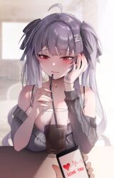Rule 34 | 1girl, absurdres, ahoge, bare shoulders, black dress, black ribbon, bloom, blurry, blurry background, blush, breasts, cardiogram, cellphone, closed mouth, cup, day, dress, drink, drinking glass, drinking straw, fingernails, hair ornament, hair ribbon, hand on own ear, heart, highres, holding, holding phone, indoors, jewelry, large breasts, long hair, long sleeves, looking down, mole, mole under eye, necklace, original, phone, pov, pov hands, purple hair, red eyes, revision, ribbed dress, ribbon, smartphone, solo focus, spaghetti strap, sunlight, table, zerocat