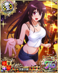 Rule 34 | 1girl, black hair, bracelet, breasts, card (medium), character name, chess piece, cleavage, crop top, high school dxd, high school dxd hero, high school dxd pi, jewelry, large breasts, long hair, looking at viewer, midriff, navel, necklace, official art, open mouth, pawn (chess), pink eyes, raynare, short shorts, shorts, smile, solo, trading card