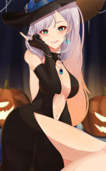 Rule 34 | 1girl, absurdres, blanc (studio artblock), blush, braid, braided bangs, cleavage cutout, clothing cutout, earrings, elbow gloves, gloves, green eyes, hat, heart, heart-shaped pupils, highres, hololive, hololive indonesia, jack-o&#039;-lantern, jewelry, nail polish, navel cutout, necklace, parted lips, pavolia reine, side ponytail, silver hair, single earring, smile, solo, symbol-shaped pupils, virtual youtuber, wand, witch hat, zipper