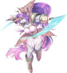 Rule 34 | 1girl, boots, breasts, cleavage, dual wielding, fake horns, full body, furry, furry female, gloves, haccan, highres, holding, holding knife, horns, knife, large breasts, legend of mana, long hair, non-web source, official art, open mouth, outstretched arms, purple hair, seiken densetsu, sierra (lom), single horn, solo, spread arms, tail, transparent background, very long hair, weapon