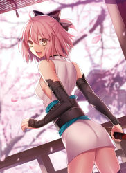 Rule 34 | 1girl, :d, ahoge, architecture, back, black bow, black thighhighs, blurry, bow, building, cherry blossoms, cowboy shot, curtains, depth of field, dutch angle, east asian architecture, eyebrows, fate/grand order, fate (series), from behind, fuyuki (neigedhiver), hair between eyes, hair bow, half updo, highres, holding, holding sword, holding weapon, japanese clothes, kimono, koha-ace, looking at viewer, looking back, obi, okita souji (fate), okita souji (koha-ace), open mouth, pagoda, petals, pink hair, railing, sash, short hair, short kimono, sleeveless, sleeveless kimono, smile, solo, sword, tassel, thighhighs, tree, weapon, yellow eyes