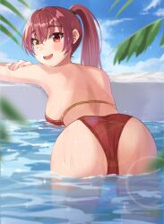 Rule 34 | 1girl, ass, back, back focus, bikini, blue sky, blurry, blush, breasts, caustics, cloud, commentary request, depth of field, foreshortening, from behind, haru yu, heterochromia, highres, hololive, houshou marine, houshou marine (summer), lens flare, looking at viewer, looking back, medium breasts, partially submerged, ponytail, red bikini, red eyes, red hair, shoulder blades, sideboob, sky, smile, solo, swimsuit, virtual youtuber, wading, water, wet, yellow eyes