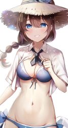 Rule 34 | 1girl, bikini, bikini under clothes, blue bikini, blue eyes, braid, breasts, brown hair, brown hat, cleavage, collared shirt, commentary request, crop top, dress shirt, front-tie bikini top, front-tie top, groin, hair between eyes, hand up, hat, kantai collection, long hair, looking at viewer, mashiro aa, medium breasts, navel, open clothes, open shirt, shigure (kancolle), shirt, short sleeves, simple background, single braid, smile, solo, straw hat, swimsuit, white background, white shirt