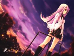 Rule 34 | 00s, 1girl, long hair, lucy maria misora, pink hair, sky, socks, solo, sunset, to heart (series), to heart 2