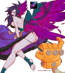 Rule 34 | 1girl, absurdres, allen skies, artist name, ass, bare arms, bare shoulders, black lips, blitzcrank, breasts, closed mouth, dress, foot out of frame, fur-trimmed dress, fur trim, green wings, grey background, highres, large breasts, league of legends, long hair, morgana (league of legends), panties, panty pull, pink wings, purple dress, purple hair, robot, simple background, tears, teeth, toeless footwear, underwear, wings