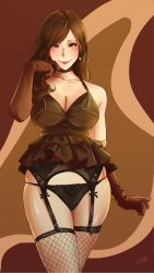 Rule 34 | 1girl, absurdres, black gloves, black panties, blush, breasts, brown eyes, brown hair, cleavage, commentary, elbow gloves, english commentary, fishnet thighhighs, fishnets, gloves, haneame, highres, large breasts, lingerie, long hair, looking at viewer, panties, photo-referenced, real life, skindentation, solo, st41nn, thighhighs, underwear