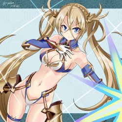 Rule 34 | &gt;:), 1girl, armor, bare shoulders, bikini, bikini armor, bikini top only, blonde hair, blue eyes, bradamante (fate), bradamante (third ascension) (fate), braid, breasts, cleavage, collarbone, dutch angle, elbow gloves, fate/grand order, fate (series), faulds, female focus, french braid, gloves, gluteal fold, gold trim, hair between eyes, hand on own chest, hebitsukai-san, highres, light, long hair, looking at viewer, medium breasts, midriff, navel, parted bangs, revealing clothes, shield, shiny skin, smile, solo, sparkle, swimsuit, thighs, thong, twintails, twitter username, very long hair