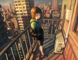 Rule 34 | 1girl, :|, air conditioner, black jacket, black skirt, brown eyes, brown hair, building, city, cityscape, closed mouth, cloud, cloudy sky, commentary, crocs, drawstring, english commentary, fisheye, full body, green jacket, hand in pocket, highres, hood, hood down, hooded jacket, horizon, industrial pipe, jacket, long sleeves, looking at viewer, original, outdoors, perspective, purple footwear, railing, scenery, skirt, sky, solo, standing, sunset, tokunaga akimasa, urban, window