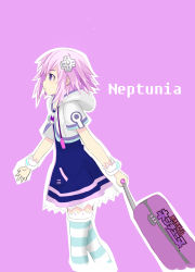 Rule 34 | 10s, 1girl, absurdres, character name, d-pad, d-pad hair ornament, flat chest, from side, hair ornament, highres, long hair, luggage, michitype 0, neptune (neptunia), neptune (series), purple eyes, purple hair, rolling suitcase, short hair, solo, striped legwear, suitcase