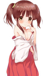 Rule 34 | 1girl, blush, breasts, brown eyes, brown hair, closed mouth, collarbone, commentary request, fingernails, hair ornament, hakama, hakama skirt, hand up, highres, idolmaster, idolmaster cinderella girls, japanese clothes, kimono, kuroba aki, long sleeves, miko, off shoulder, ogata chieri, red hakama, sidelocks, simple background, skirt, small breasts, smile, solo, twintails, white background, white kimono, wide sleeves