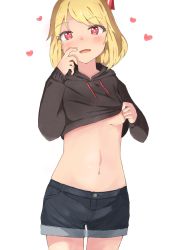 Rule 34 | 1girl, :d, absurdres, alternate costume, blonde hair, blush, breasts, cowboy shot, fang, hair ribbon, heart, heart-shaped pupils, highres, hood, hood down, hoodie, lifted by self, long sleeves, midriff, mizune (winter), navel, open mouth, red eyes, ribbon, rumia, short hair, shorts, simple background, skin fang, small breasts, smile, solo, stomach, symbol-shaped pupils, touhou, underboob, white background