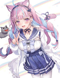 1girl :d ahoge animal_ear_fluff animal_ears blue_hair blue_nails blue_skirt blush braid breasts cat_ears cat_tail choker commentary_request extra_ears frilled_sailor_collar frills highres hololive jacket large_breasts long_hair long_sleeves looking_at_viewer minato_aqua minato_aqua_(sailor) momoko_(momopoco) multicolored_hair neko_(minato_aqua) official_alternate_costume open_clothes open_jacket open_mouth pantyhose pink_eyes pink_hair pleated_skirt puffy_long_sleeves puffy_sleeves ribbon ribbon_choker sailor_collar shirt skirt smile solo tail tail_ornament tail_ribbon twin_braids twintails two-tone_hair v very_long_hair virtual_youtuber white_jacket white_pantyhose white_shirt