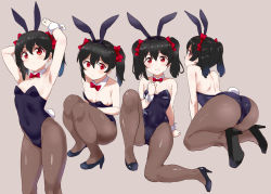 Rule 34 | 1girl, animal ears, armpits, ass, bare arms, bare shoulders, black footwear, black hair, black leotard, black pantyhose, bow, bowtie, breasts, brown background, detached collar, fake animal ears, hair bow, high heels, highres, kneeling, kurokawa makoto, leotard, long hair, looking at viewer, love live!, love live! school idol project, multiple views, pantyhose, playboy bunny, rabbit ears, rabbit tail, red bow, red eyes, red neckwear, shoes, simple background, sitting, small breasts, standing, tail, twintails, wrist cuffs, yazawa nico