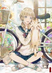 Rule 34 | 1girl, :d, animal, bad id, bad pixiv id, bag, bag charm, bicycle, bicycle basket, black skirt, blonde hair, blue eyes, blue skirt, blush, book, bookshelf, bow, cat, charm (object), closed eyes, dangmill, dated, flower, food, fruit, grocery bag, hair over shoulder, handbag, holding, holding animal, holding cat, indian style, long sleeves, looking at viewer, morning glory, on ground, open mouth, original, outdoors, plaid, plaid bow, school uniform, serafuku, shoes, shopping bag, shoulder bag, sitting, skirt, smile, sneakers, socks, sunflower, teeth, twintails, white bow, white legwear