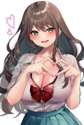 Rule 34 | 1girl, aqua skirt, blush, bow, bowtie, bralines, breasts, brown hair, cleavage, earrings, green eyes, heart, heart hands, highres, himemiya anthy, jewelry, large breasts, long hair, looking at viewer, loose bowtie, open mouth, original, pleated skirt, red bow, school uniform, shirt, shirt tucked in, simple background, skirt, smile, solo, swept bangs, tako 8 yaki, upper body, white background, white shirt