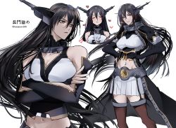 Rule 34 | 1girl, animal, black gloves, black hair, breasts, cat, closed eyes, closed mouth, crossed arms, elbow gloves, garter straps, gloves, hands on own hips, headgear, heart, highres, holding, holding animal, holding cat, ichimonme (ichi), kantai collection, long hair, multiple views, nagato (kancolle), nagato kai ni (kancolle), partially fingerless gloves, red eyes, red thighhighs, simple background, sweat, thighhighs, twitter username, white background
