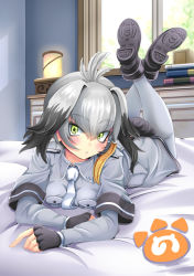 Rule 34 | 10s, 1girl, ahoge, ankle boots, bedroom, blush, bodystocking, book, boots, feathers, feet up, fingerless gloves, gloves, green eyes, head wings, indoors, japari symbol, kemono friends, logo, long hair, looking at viewer, lying, multicolored hair, necktie, on bed, on stomach, shoebill (kemono friends), shorts, silver hair, solo, window, wings, yumibakama meme
