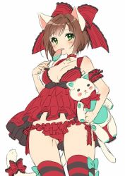 Rule 34 | 10s, 1girl, :&lt;, :p, animal ears, arm garter, asymmetrical bangs, bare shoulders, blush, bow, breasts, brown hair, camisole, candy, cat ears, cat tail, choker, cleavage, collarbone, cowboy shot, food, frilled panties, frills, from below, green eyes, hair bow, hair intakes, holding, holding food, horizontal-striped legwear, idolmaster, idolmaster cinderella girls, jewelry, legs apart, licking, lingerie, lollipop, looking down, maekawa miku, manle, panties, pendant, pointy ears, red bow, red panties, short hair, simple background, sketch, solo, standing, star (symbol), striped clothes, striped legwear, striped thighhighs, stuffed animal, stuffed cat, stuffed toy, sweets, tail, tail bow, tail ornament, thighhighs, tongue, tongue out, underwear, white background