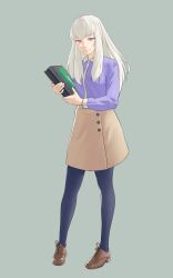 Rule 34 | 1girl, absurdres, alternate costume, alternate universe, book, breasts, fire emblem, fire emblem: three houses, full body, grey background, highres, holding, holding book, long hair, long sleeves, looking at viewer, lysithea von ordelia, nintendo, pantyhose, pink eyes, pomelomelon, shirt, shoes, skirt, small breasts, smile, solo, standing, white hair