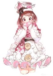 Rule 34 | 10s, 1girl, bad id, bad twitter id, blush, boku no hero academia, brown eyes, brown hair, buttons, character name, coat, covering own mouth, dress, hat, highres, holly, looking at viewer, mittens, pink hat, pink mittens, plaid, plaid scarf, ryota (ry o ta), scarf, short hair, sidelocks, simple background, solo, uraraka ochako, white background, white coat, white dress, winter clothes, winter coat