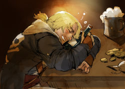 Rule 34 | 1boy, assassin&#039;s creed, assassin&#039;s creed (series), assassin&#039;s creed iv: black flag, blonde hair, blush, bottle, drooling, edward kenway, long hair, male focus, narrator (nobody), ponytail, smile, solo