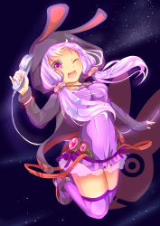 Rule 34 | 1girl, absurdres, dress, hair ornament, highres, hood, hooded jacket, jacket, kokko (korothin), long hair, microphone, one eye closed, open mouth, purple dress, purple eyes, purple hair, purple thighhighs, smile, solo, thighhighs, twintails, vocaloid, voiceroid, yuzuki yukari