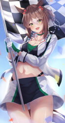 Rule 34 | 1girl, absurdres, alternate costume, animal ears, breasts, brown hair, cleavage, commentary request, commission, covered collarbone, fine motion (umamusume), flag, folded ponytail, gloves, green eyes, hair between eyes, highres, horse ears, horse tail, looking at viewer, medium breasts, midriff, multicolored hair, navel, open mouth, pandoa (mikage0495), race queen, skeb commission, sky, smile, solo, streaked hair, tail, umamusume, white hair