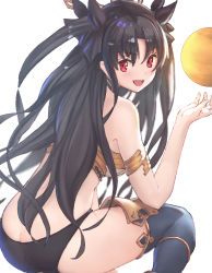Rule 34 | 1girl, armlet, asarokuji, ass, asymmetrical legwear, bad id, bad pixiv id, ball, bare shoulders, black hair, black panties, blurry, breasts, butt crack, commentary request, depth of field, fate/grand order, fate (series), from behind, hair ribbon, highres, ishtar (fate), ishtar (fate), jewelry, long hair, looking at viewer, looking back, neck ring, open mouth, panties, red eyes, ribbon, simple background, single thighhigh, sitting, smile, solo, thighhighs, tohsaka rin, two side up, underwear, uneven legwear, white background
