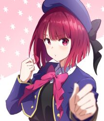 Rule 34 | 1girl, arima kana, beret, black bow, black ribbon, black sweater vest, blue hat, blue jacket, blunt bangs, blurry, blush, bob cut, bow, bright pupils, clenched hands, closed mouth, collared shirt, commentary request, depth of field, eyes visible through hair, hands up, hat, hat bow, hat ribbon, highres, hyoe (hachiechi), jacket, long sleeves, looking at viewer, open clothes, open jacket, oshi no ko, parted bangs, pink background, pink bow, pink ribbon, playing with own hair, red eyes, red hair, ribbon, school uniform, shirt, simple background, solo, star (symbol), starry background, sweater vest, upper body, v-shaped eyebrows, white pupils, white shirt