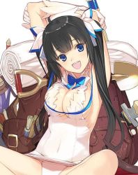 Rule 34 | 10s, 1girl, :d, arms behind head, arms up, backpack, bag, black hair, blanket, blue eyes, blue ribbon, breasts, breasts squeezed together, cleavage, covered navel, dress, dungeon ni deai wo motomeru no wa machigatteiru darou ka, gloves, hair ribbon, hestia (danmachi), long hair, looking at viewer, mibu natsuki, neck ribbon, open mouth, panties, paper, pocket, rei no himo, ribbon, sheath, shovel, sideboob, sitting, smile, solo, stretching, sword, teeth, twintails, underwear, weapon, white background, white dress, white gloves, white panties, white ribbon, worktool