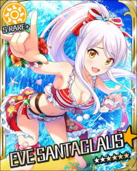 Rule 34 | barefoot, bikini, bikini top only, blitzen, blush, breasts, card (medium), character name, cleavage, cloud, collarbone, day, eve santaclaus, floral print, flower bracelet, flower ornament, hair ornament, hair ribbon, idolmaster, idolmaster cinderella girls, looking at viewer, medium breasts, navel, nose bubble, ocean, official art, open mouth, ponytail, reindeer, ribbon, seashell, shell, sky, solo, striped bikini, striped clothes, surfboard, surfing, swimsuit, waves, white hair, yellow eyes