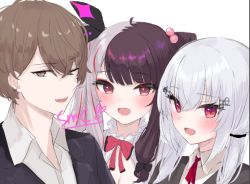 Rule 34 | 1boy, 2girls, :d, ;d, black hair, black jacket, black ribbon, blush, bow, breasts, brown eyes, brown hair, cleavage, collared shirt, dress shirt, earrings, formal, hair between eyes, hair bobbles, hair ornament, hair ribbon, hairclip, hakase fuyuki, hakase fuyuki (1st costume), jacket, jewelry, kagami hayato, kei-chan (ultimatekeichan), long hair, multicolored hair, multiple girls, neck ribbon, nijisanji, one eye closed, open mouth, red bow, red eyes, red hair, red ribbon, ribbon, shirt, silver hair, simple background, smile, split-color hair, streaked hair, suit, twintails, two-tone hair, upper body, virtual youtuber, white background, white shirt, yorumi rena, yorumi rena (1st costume)