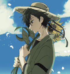 Rule 34 | 1boy, black eyes, black hair, blue sky, cloud, commentary request, day, flower, from side, hat, holding, holding flower, japanese clothes, male focus, mole, mole under eye, nakanakacxy, original, outdoors, profile, sky, solo, sun hat, sunflower, upper body, yellow flower