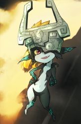 Rule 34 | 1girl, blonde hair, breasts, colored sclera, fang, female focus, gazacy (dai), highres, midna, navel, nintendo, one eye covered, pointy ears, red eyes, small breasts, solo, the legend of zelda, the legend of zelda: twilight princess, yellow sclera
