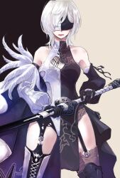 Rule 34 | 10h (nier reincarnation), 1girl, bare shoulders, black background, blindfold, boots, breasts, cleavage, closed mouth, clothing cutout, collarbone, commentary request, covered collarbone, cross-laced footwear, detached sleeves, garter belt, highres, holding, holding sword, holding weapon, medium hair, nier (series), nier reincarnation, nutori manga, pelvic curtain, puffy sleeves, red lips, simple background, solo, standing, sword, two-tone background, weapon, white background, white hair
