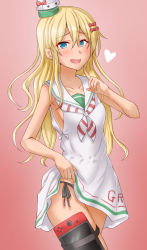 Rule 34 | 1girl, anti (untea9), black panties, blonde hair, breasts, collarbone, cowboy shot, dress, gradient background, grecale (kancolle), green eyes, handheld game console, heart, highres, kantai collection, long hair, looking at viewer, low-cut armhole, nintendo switch, open mouth, panties, pink background, sailor collar, sailor dress, side-tie dress, side-tie panties, sideboob, sleeveless, sleeveless dress, small breasts, smile, solo, thigh strap, underwear, wavy hair, white dress, white sailor collar