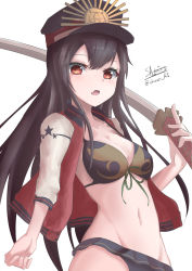 Rule 34 | absurdres, bikini, bikini skirt, bikini under clothes, black hair, blush, breasts, cleavage, cowboy shot, fang, fate/grand order, fate (series), front-tie bikini top, front-tie top, groin, highres, katana, long hair, looking at viewer, medium breasts, navel, oda nobunaga (fate), oda nobunaga (koha-ace), oda nobunaga (swimsuit berserker) (fate), oda nobunaga (swimsuit berserker) (first ascension) (fate), oda nobunaga (swimsuit berserker) (second ascension) (fate), red eyes, sato art, signature, skin fang, solo, swimsuit, swimsuit under clothes, sword, twitter username, weapon, white background
