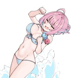 Rule 34 | 1girl, aa211108, ahoge, bare arms, bare shoulders, bikini, blue bikini, blue hair, blush, breasts, collarbone, colored inner hair, fang, food, front-tie bikini top, front-tie top, groin, holding food, holding ice cream, ice cream, ice cream cone, idolmaster, idolmaster cinderella girls, idolmaster cinderella girls starlight stage, korean commentary, large breasts, legs together, light blue hair, multicolored hair, navel, open mouth, pink hair, ringorou (idolmaster), short ponytail, simple background, solo, standing, stomach, swimsuit, tearing up, thighs, two-tone hair, v-shaped eyebrows, water, waves, white background, yumemi riamu